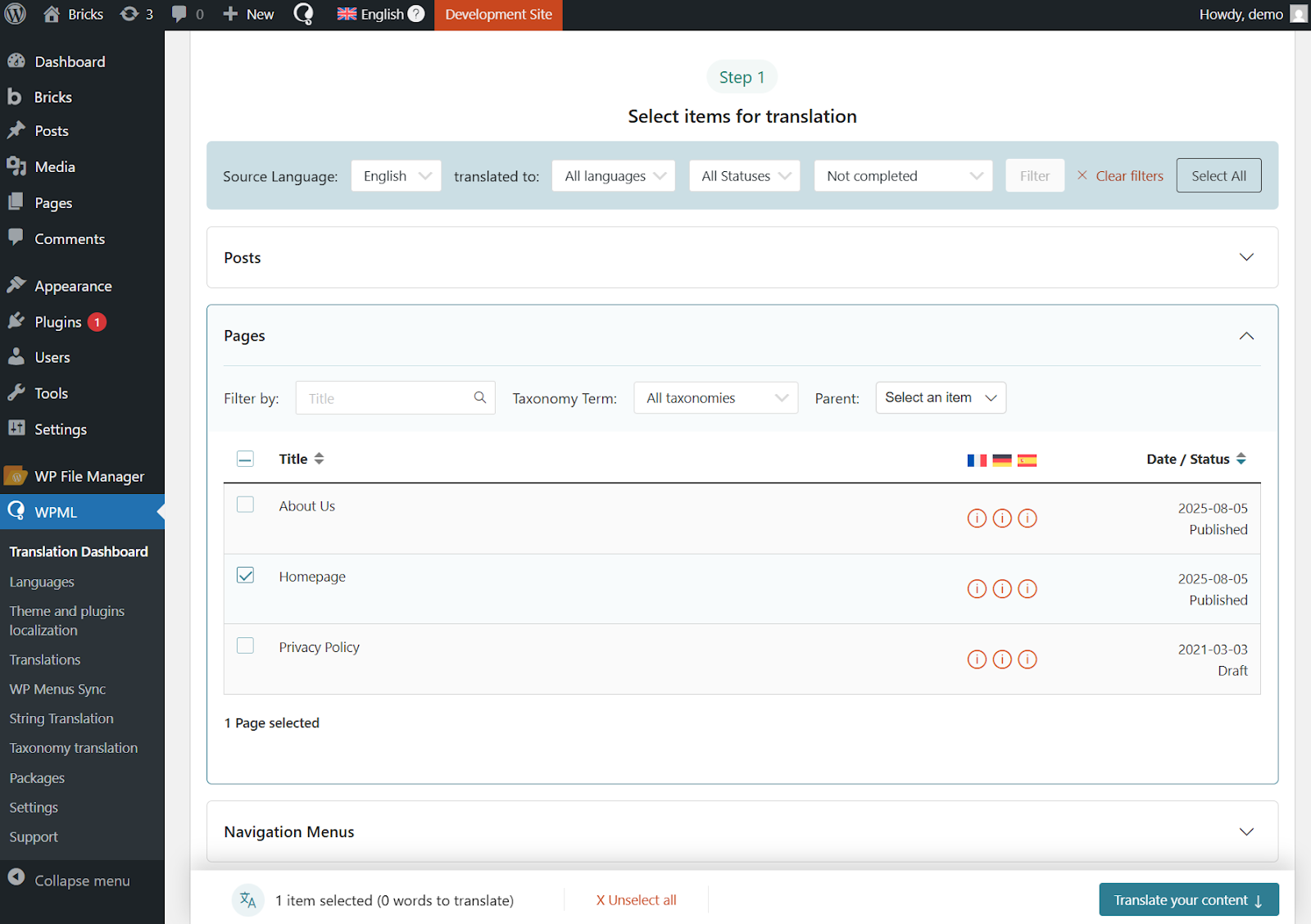 Translation Dashboard — انتخاب محتوا