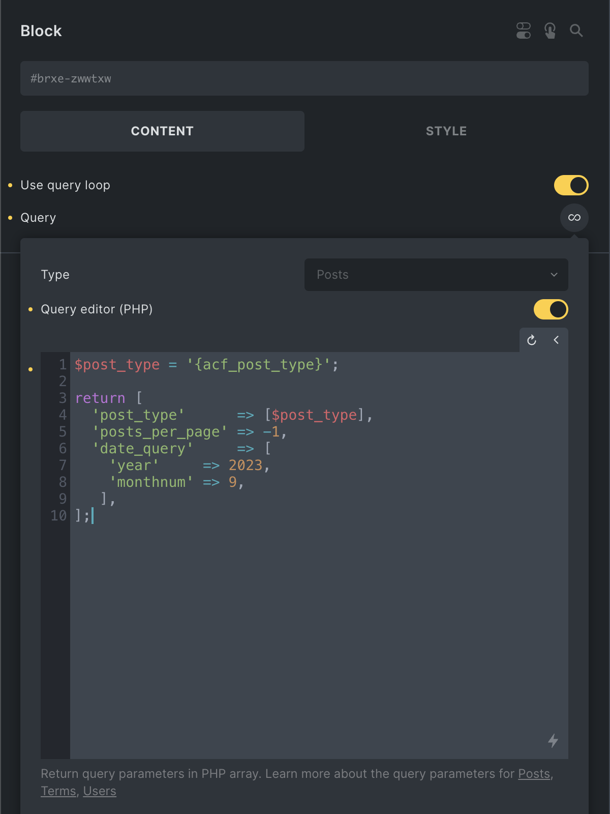 Query editor PHP در Bricks 1.9.1