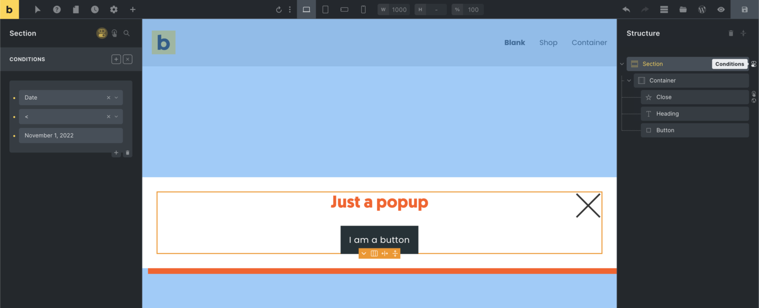 شرایط المان در Popup Builder